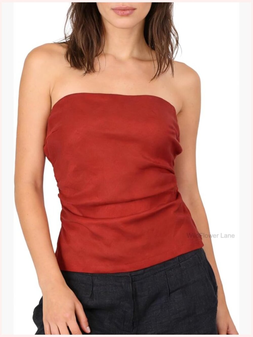 Women's 100% Linen Strapless Tube Top Split Hem Summer Blouse Sleeveless
